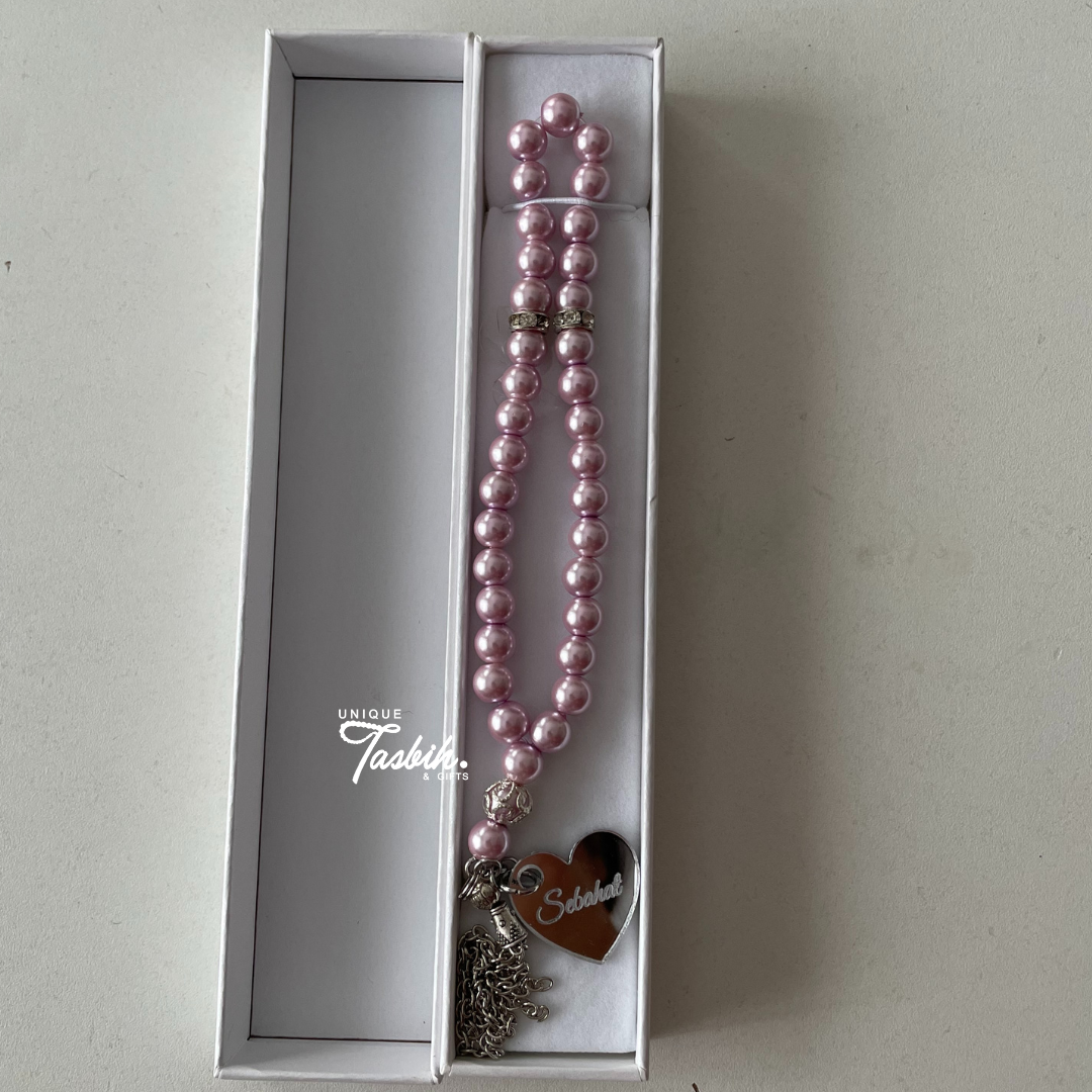33 Kralen Tasbih met zilverkleurige afwerking en 1 Acryl Naam