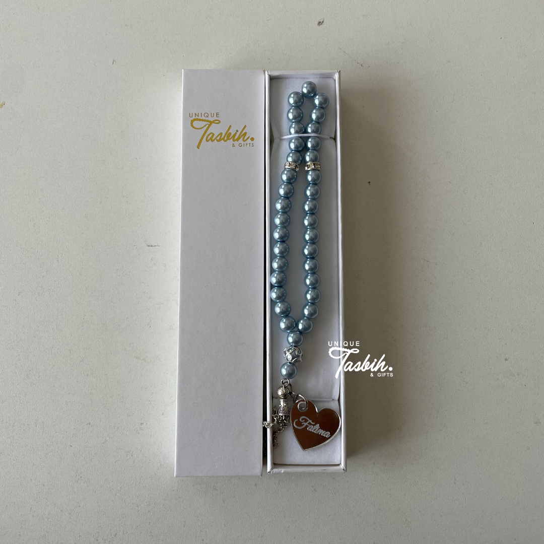 33 Kralen Tasbih met zilverkleurige afwerking en 1 Acryl Naam