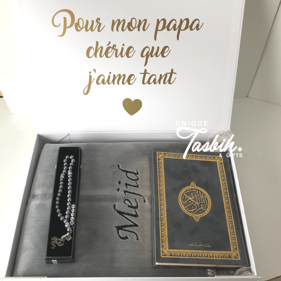 Personalised gift box Gold design (Rug - Arabic Quran - Tasbih) - Unique Tasbihs & Gifts