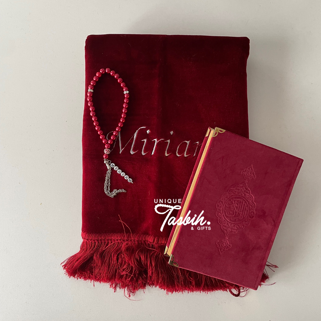 Personalized Velvet Gift Set (Rug -Arabic Quran 12x17 - Tasbih)