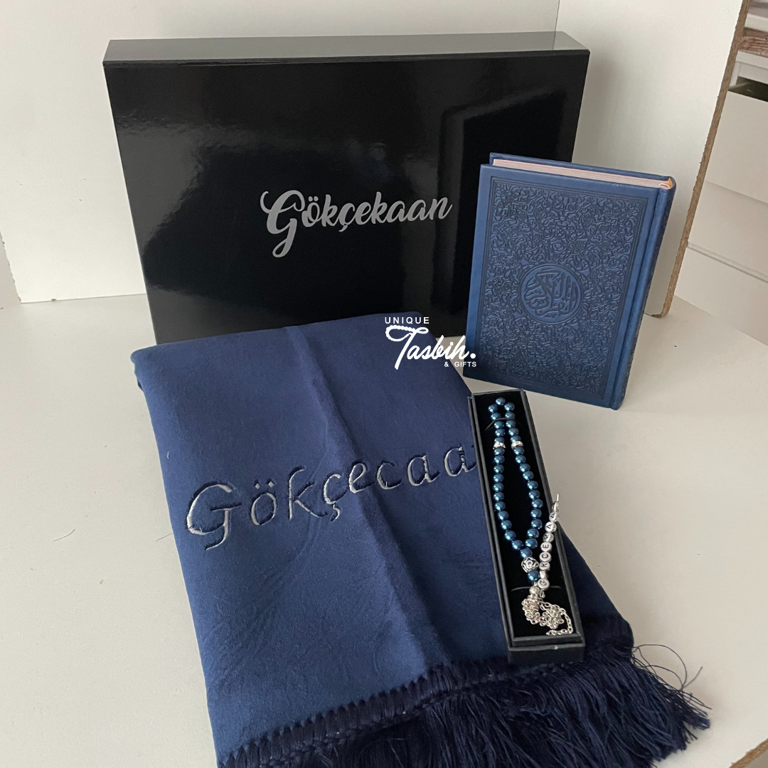 Personalised gift box Embossed Quran (Rug - Arabic Quran - Tasbih)