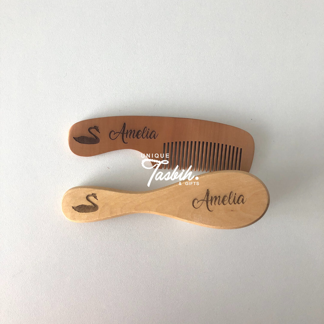 Wood brush and comb engraved with name and figure - Unique Tasbihs & Gifts