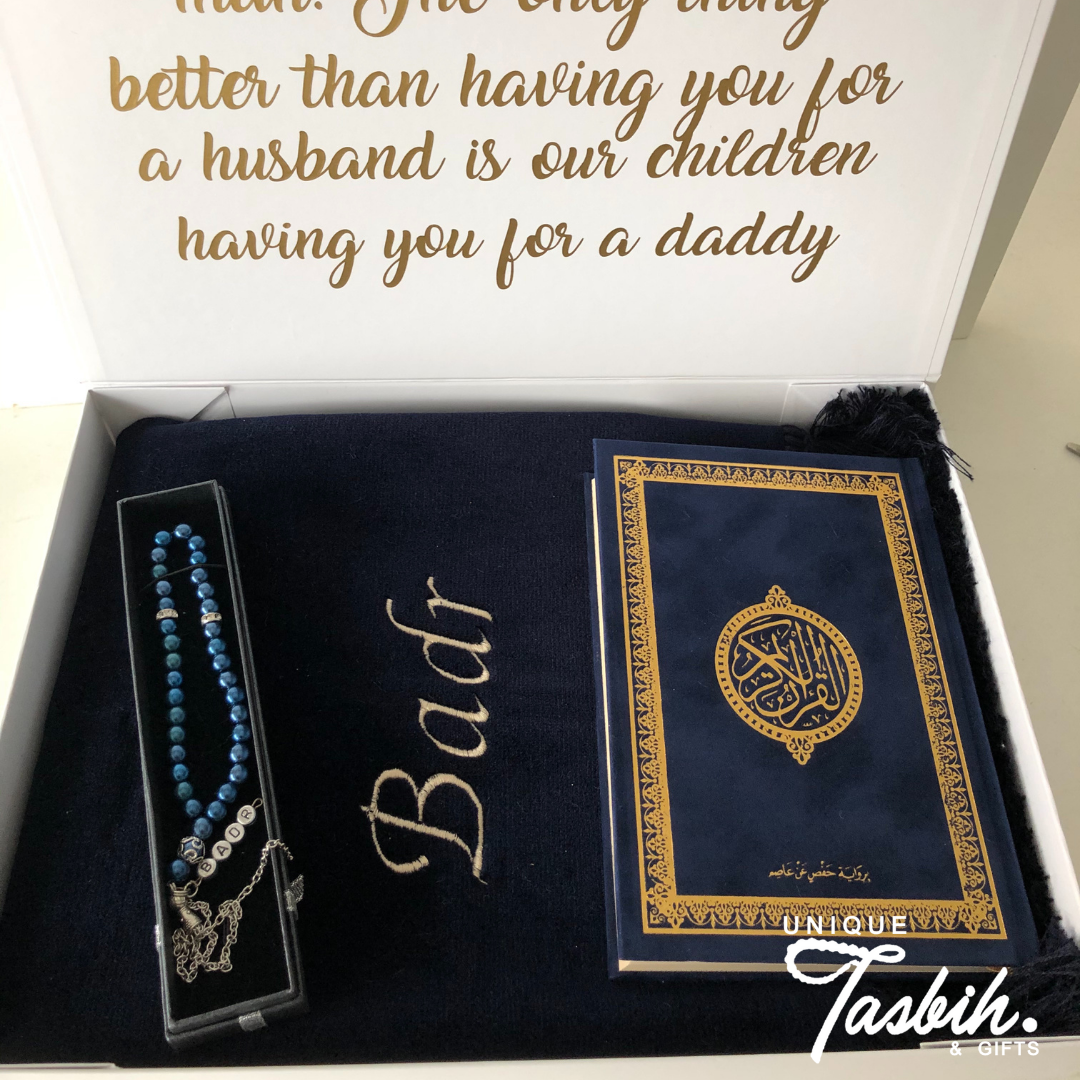 Personalised gift box Gold design  (Rug - Arabic Quran - Tasbih) - Unique Tasbihs & Gifts