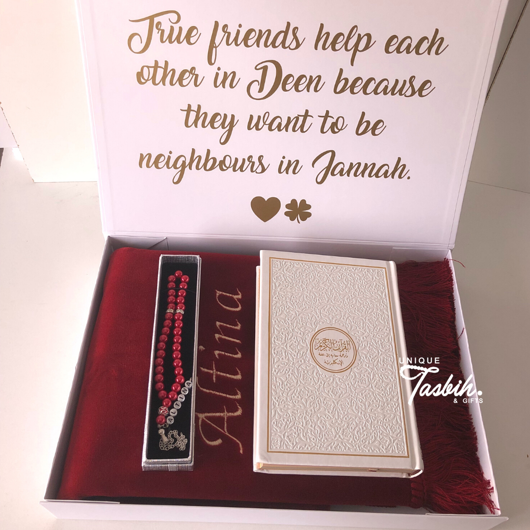 Personalised muslim gift box Embossed Quran (Rug - English Quran - Tasbih) - Unique Tasbihs & Gifts