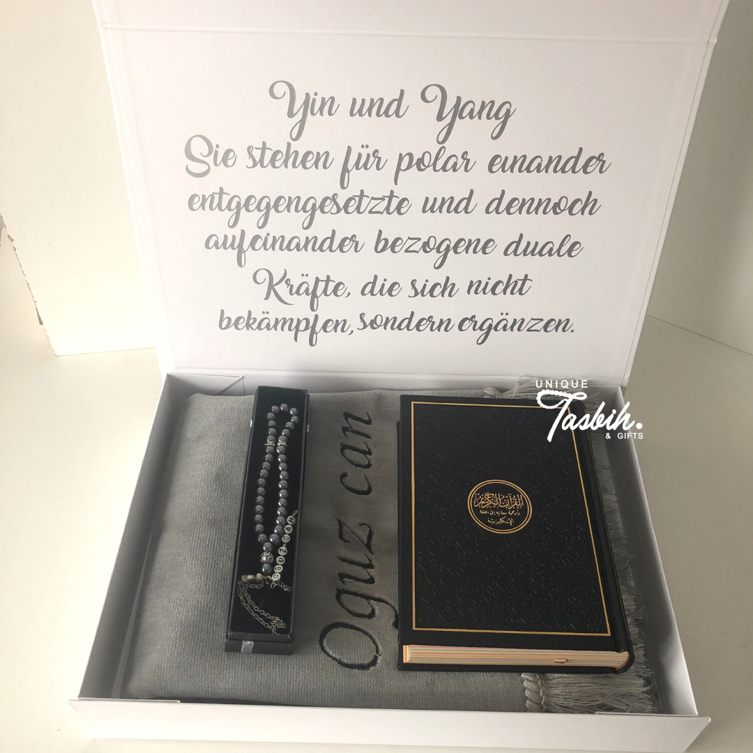Personalised gift box Embossed Quran (Rug - English Quran - Tasbih) - Unique Tasbihs & Gifts