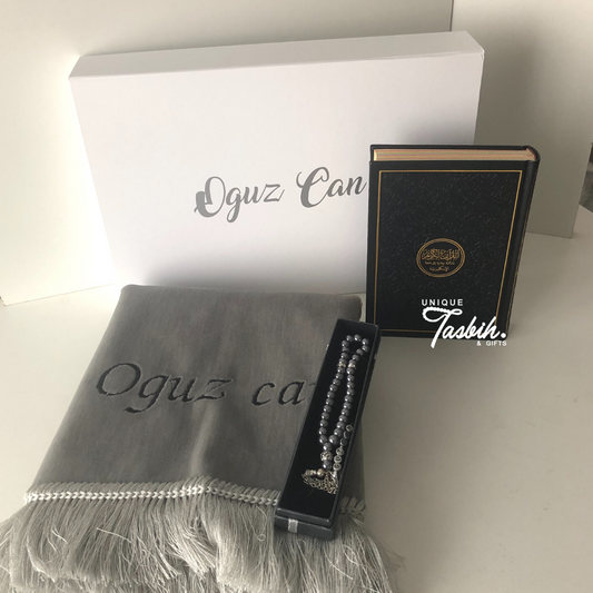 Personalised gift box Embossed Quran (Rug - English Quran - Tasbih) - Unique Tasbihs & Gifts