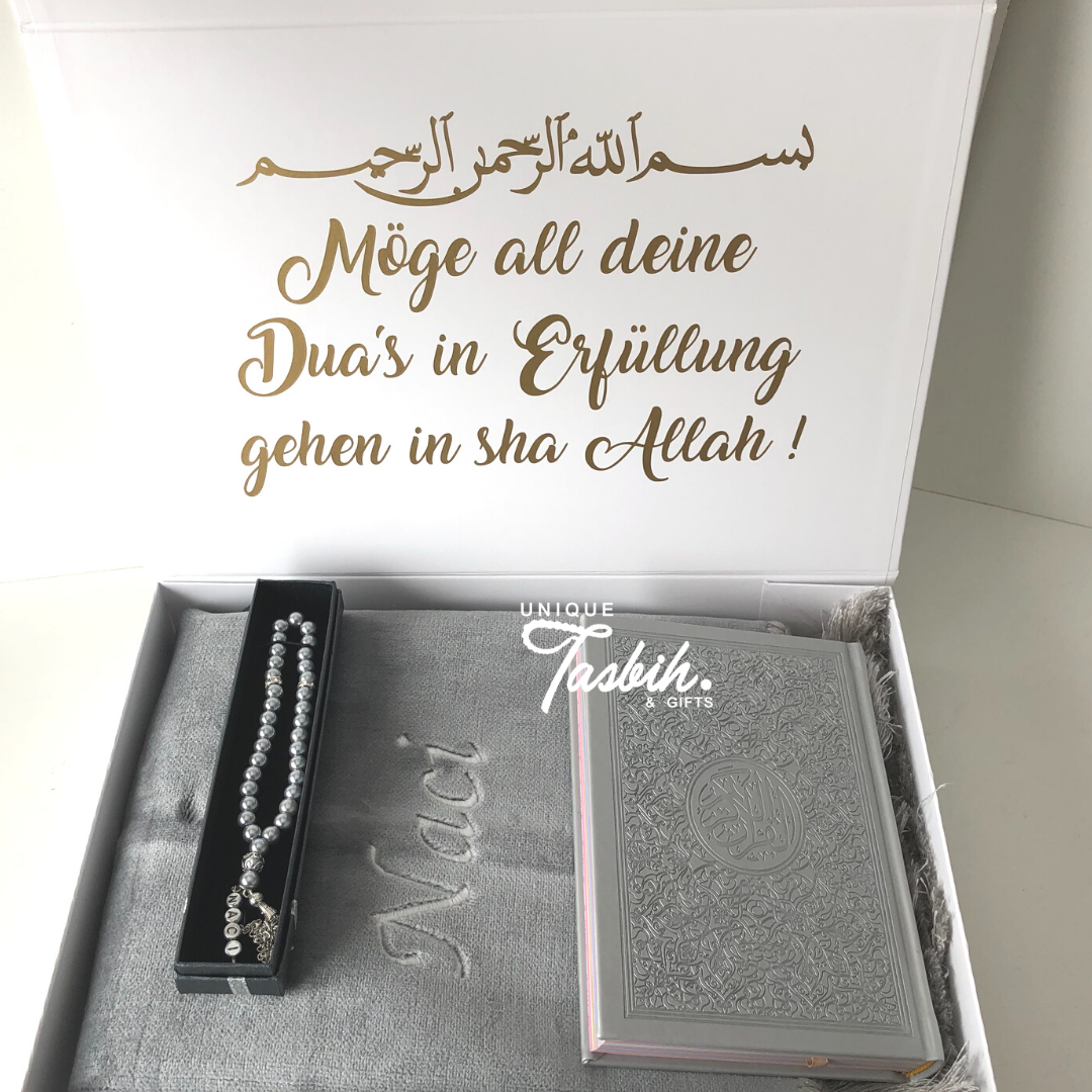 Personalised gift box Embossed Quran (Rug - Arabic Quran - Tasbih) - Unique Tasbihs & Gifts