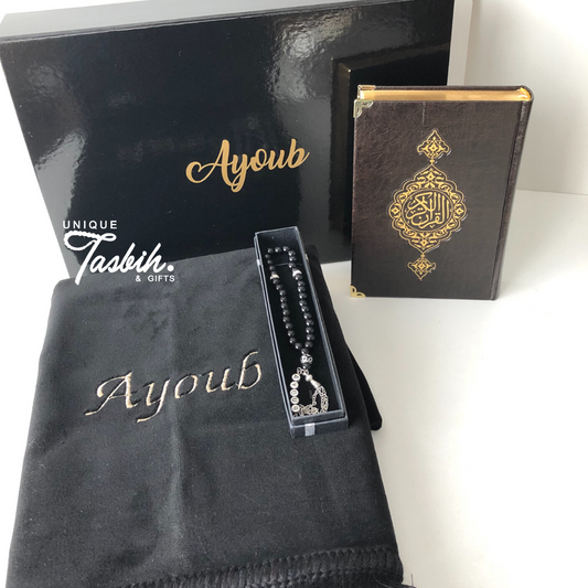 Personalised gift box Black & Gold design (Rug - Arabic Quran - Tasbih) - Unique Tasbihs & Gifts