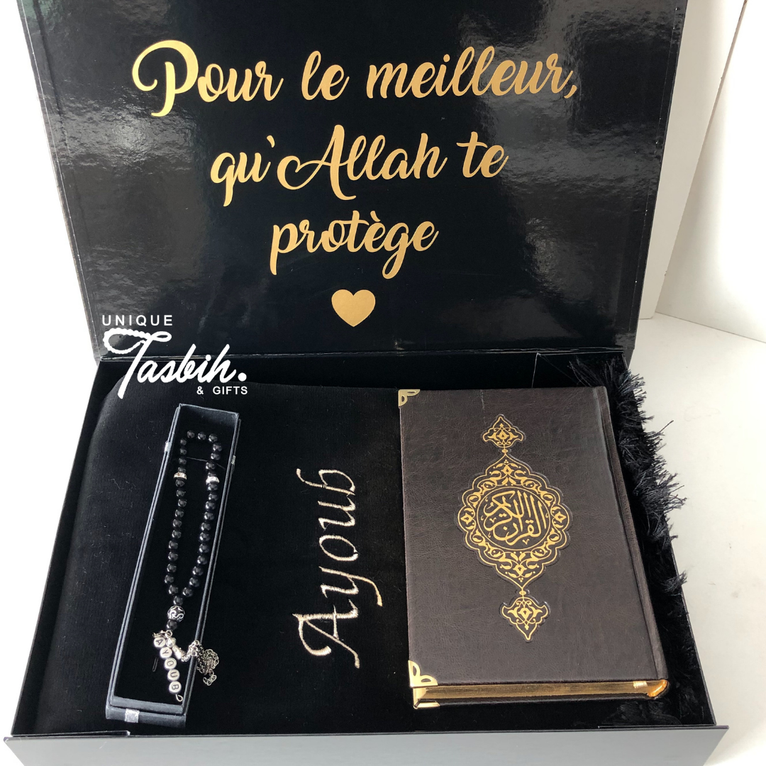 Personalised gift box Black & Gold design (Rug - Arabic Quran - Tasbih) - Unique Tasbihs & Gifts