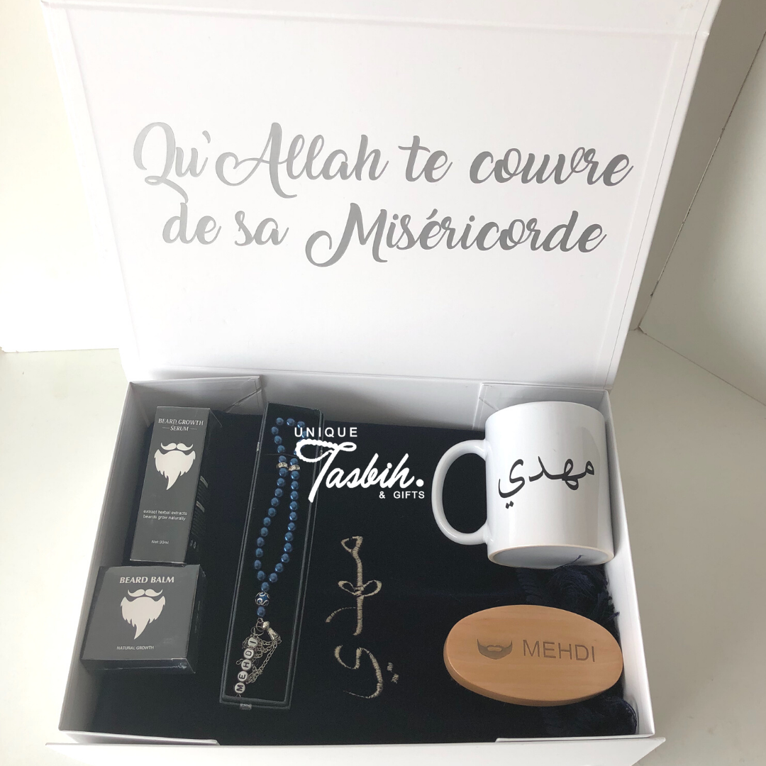 Personalized gift box with beard products (Rug - Tasbih - Mug - Brush - Beard products) - Unique Tasbihs & Gifts