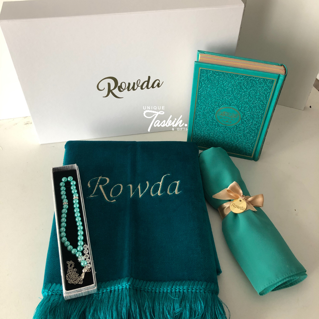 Personalised gift box Arabic Quran (Rug - Quran - Tasbih - Scarf) - Unique Tasbihs & Gifts