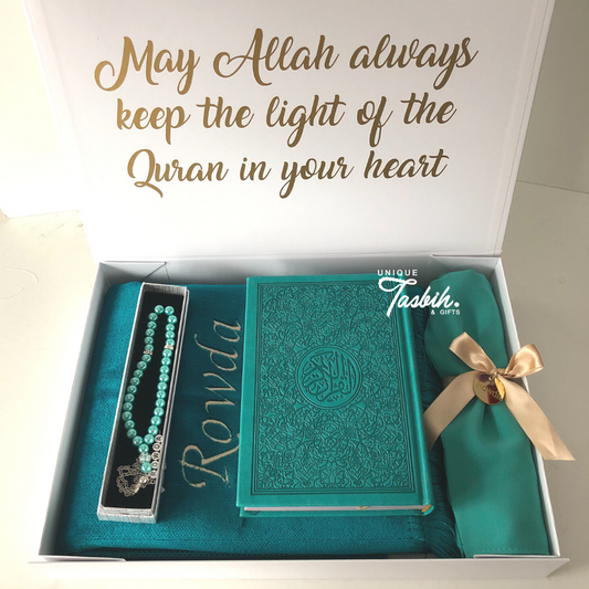 Personalised gift box Arabic Quran (Rug - Quran - Tasbih - Scarf) - Unique Tasbihs & Gifts