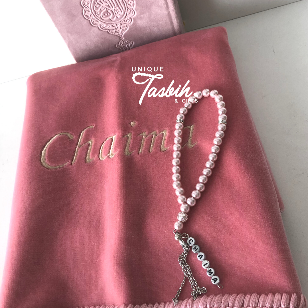 Personalised gift set Velvet (Rug -Arabic Quran 12x17 - Tasbih ) - Unique Tasbihs & Gifts