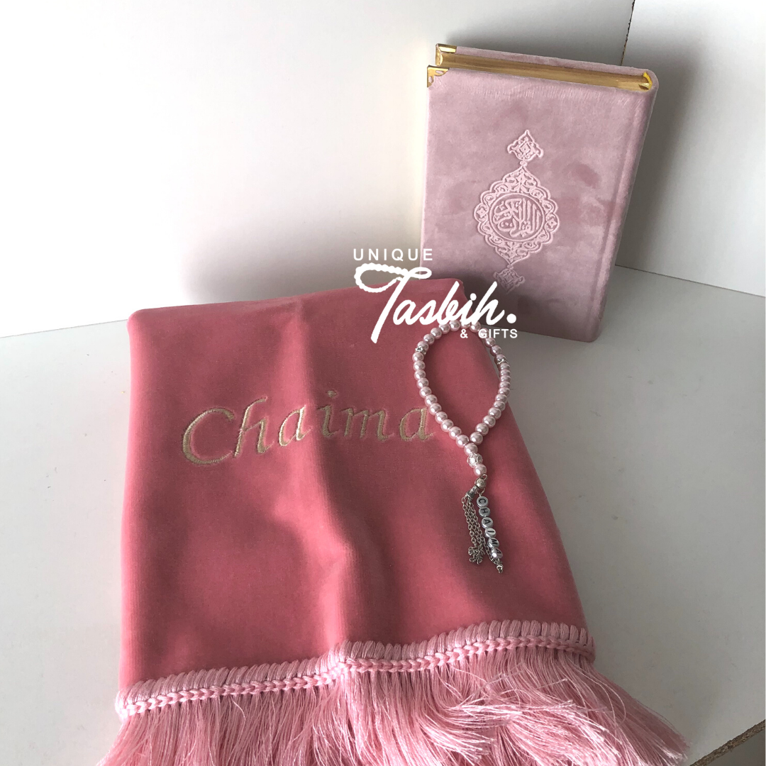 Personalised gift set Velvet (Rug -Arabic Quran 12x17 - Tasbih ) - Unique Tasbihs & Gifts