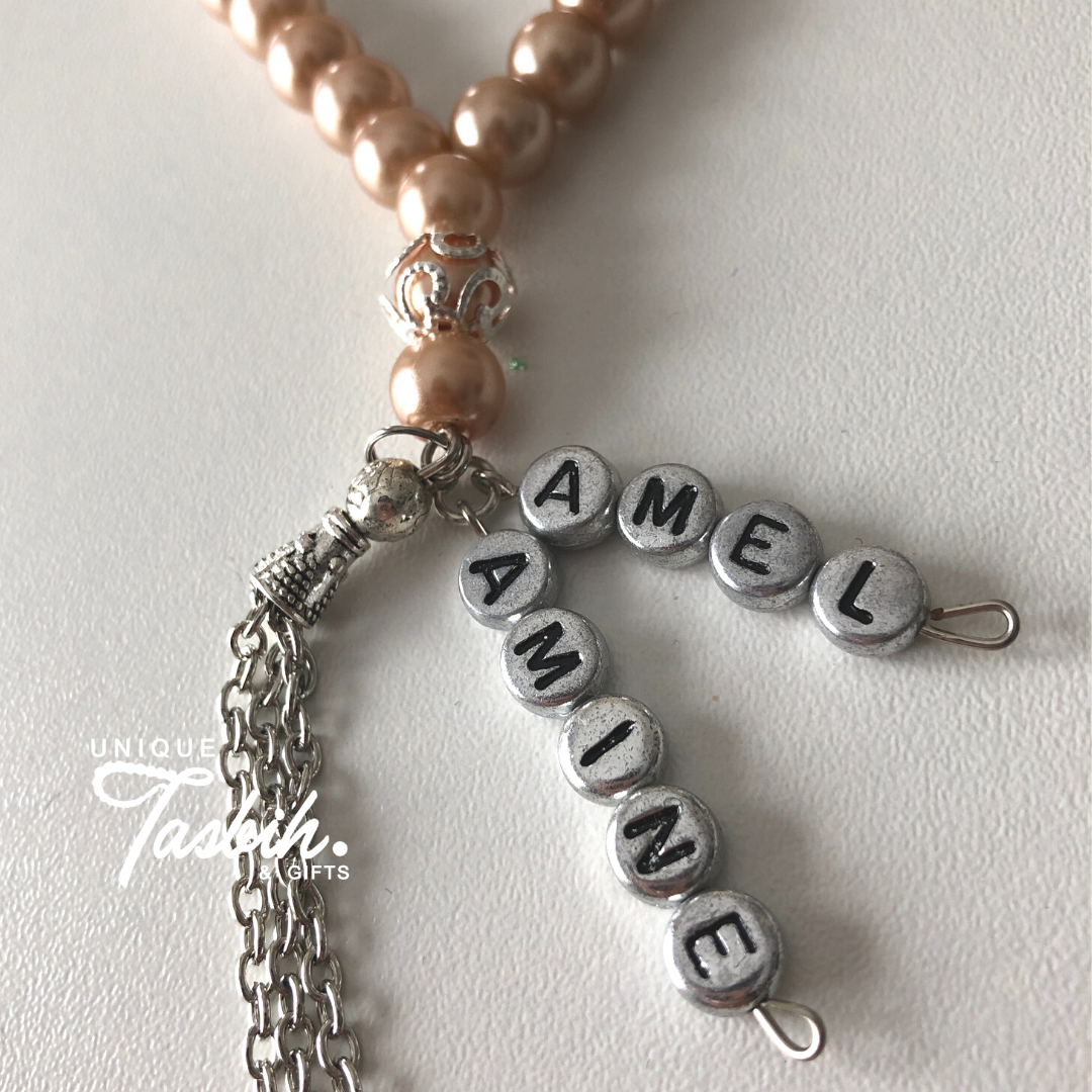 Tasbih 33 beads with silver accents and 2 names - Unique Tasbihs & Gifts