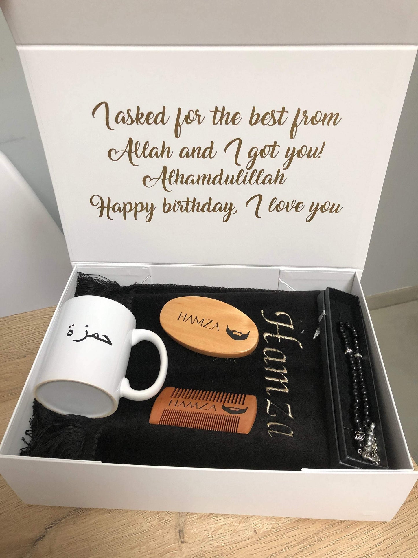 Personalized gift box for him (Rug - Tasbih - Comb - Brush - Mug) - Unique Tasbihs & Gifts