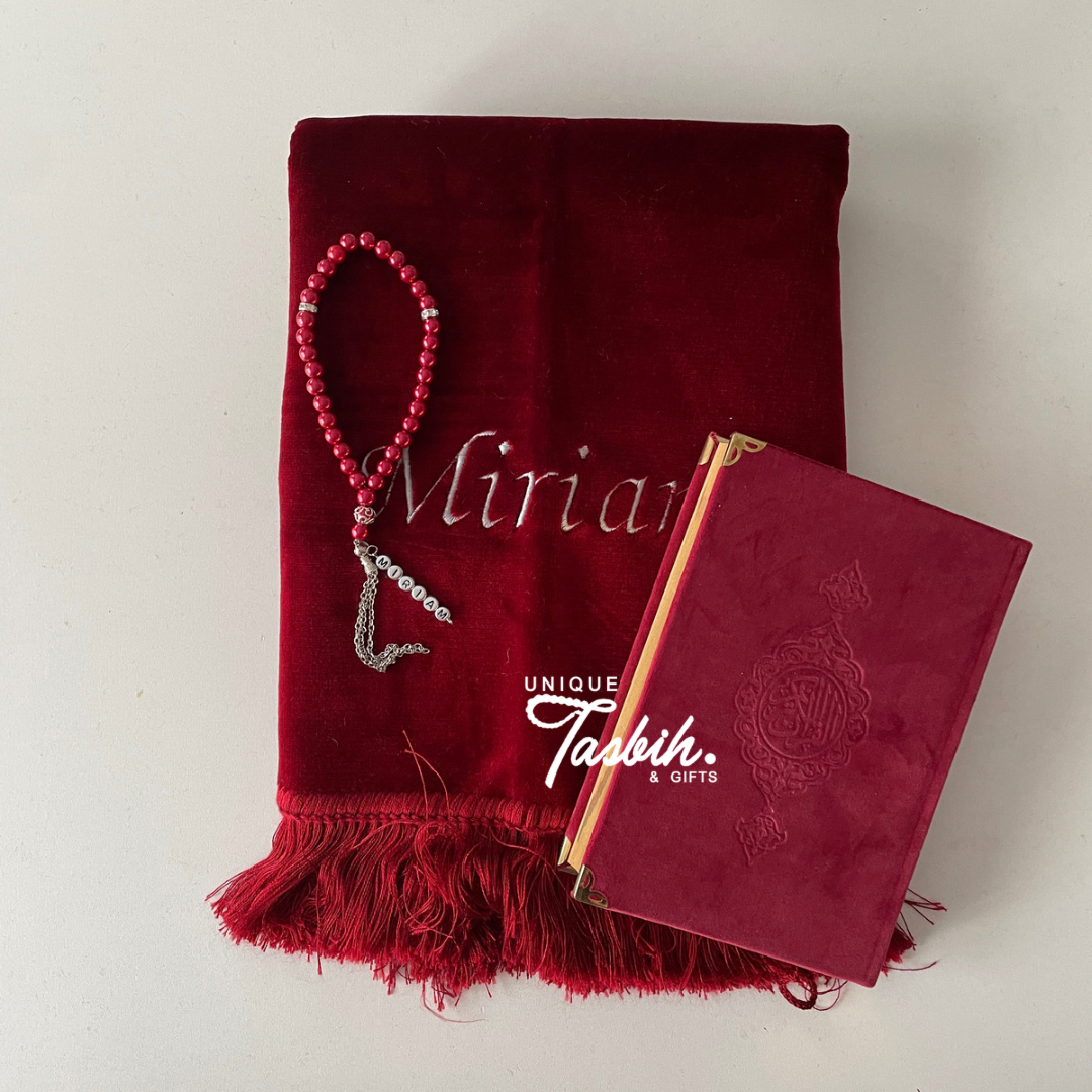 Coffret cadeau personnalisé Velours (Tapis - Coran Arabe 20x24 - Tasbih )