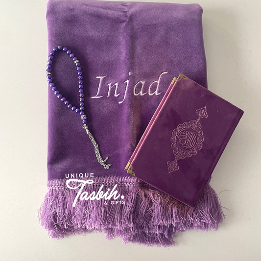 Gepersonaliseerde fluwelen geschenkset (vloerkleed -Arabische koran 12x17 - Tasbih)