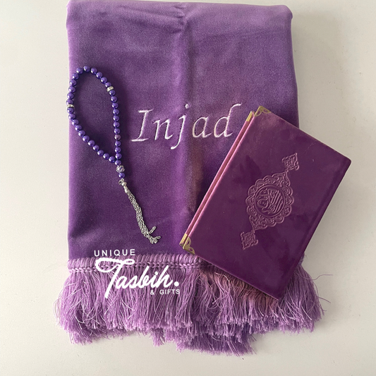 Personalized Velvet Gift Set (Rug -Arabic Quran 12x17 - Tasbih)